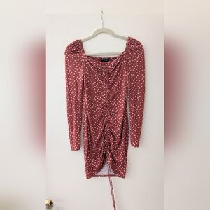 PrettyLittleThing Dusty Rose Polka Dot Ruched Long Sleeve Dress
